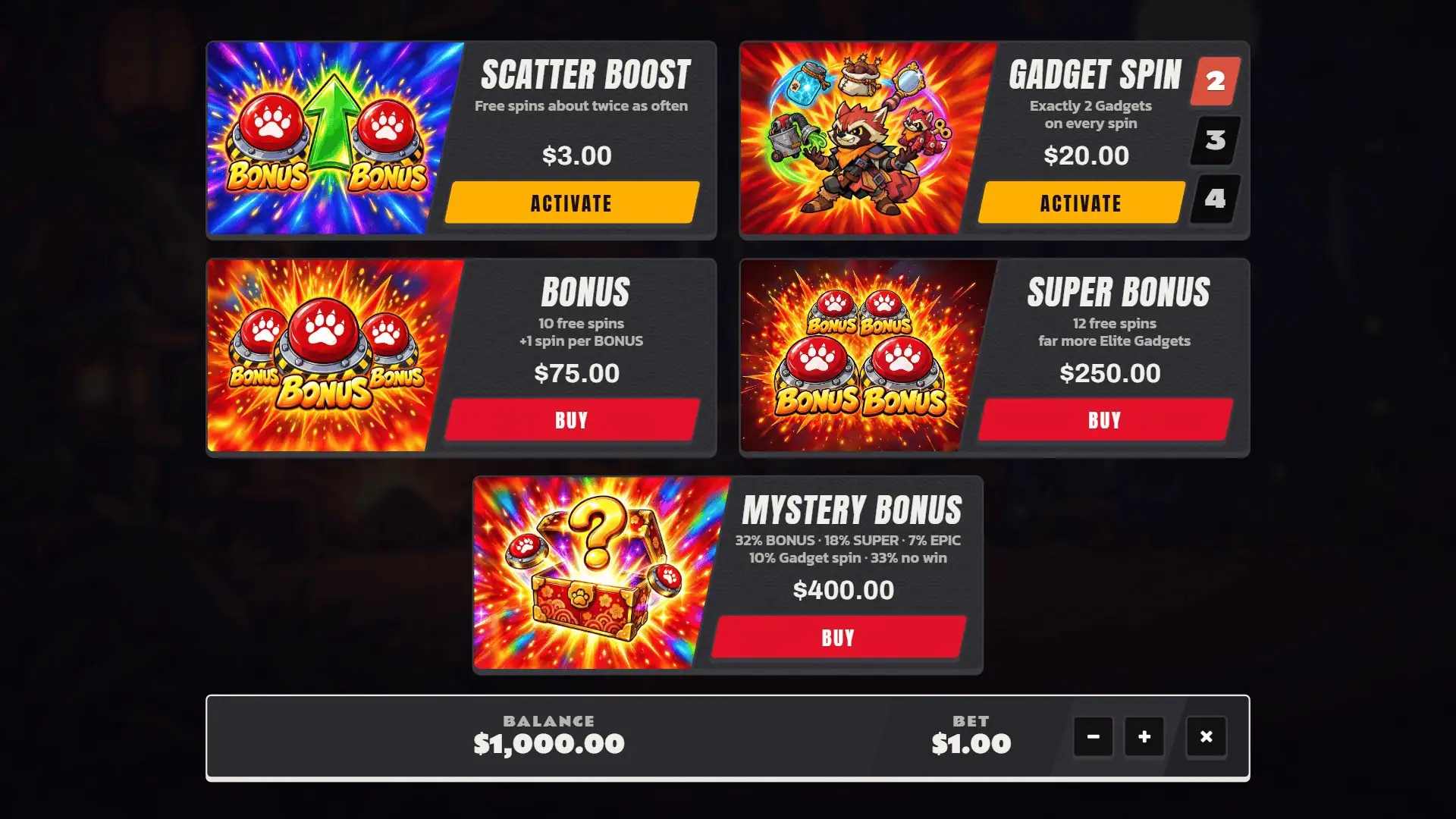 Battle Raccoon bonus buy menu