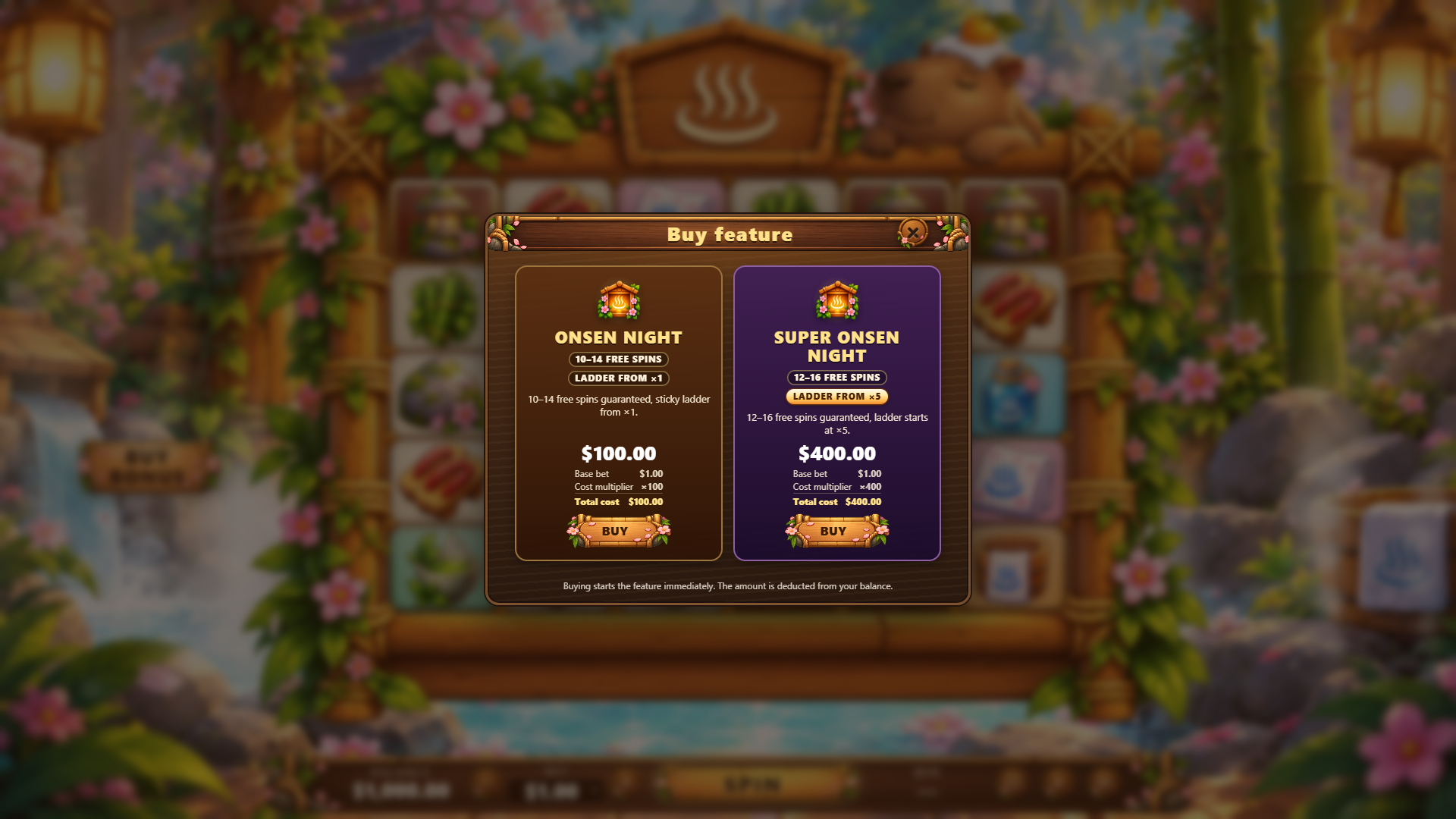 Capybara Onsen bonus buy menu