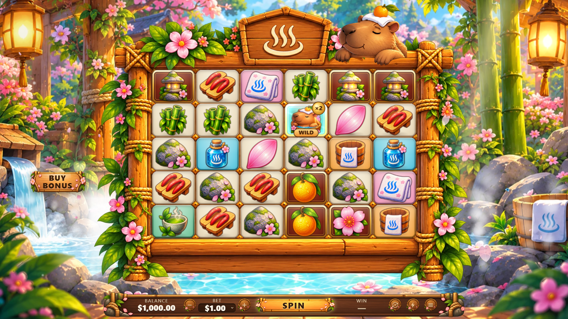 Capybara Onsen slot gameplay reels
