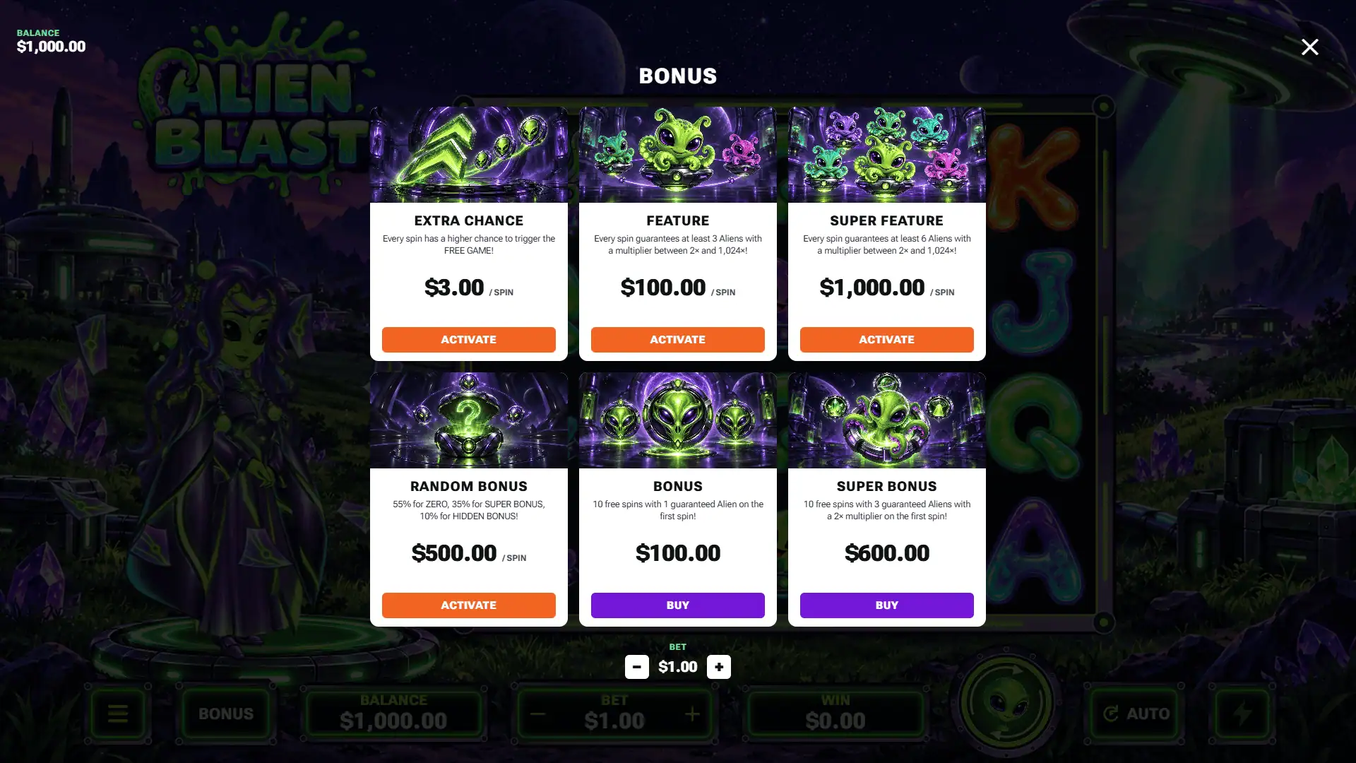 Alien Blast bonus buy menu