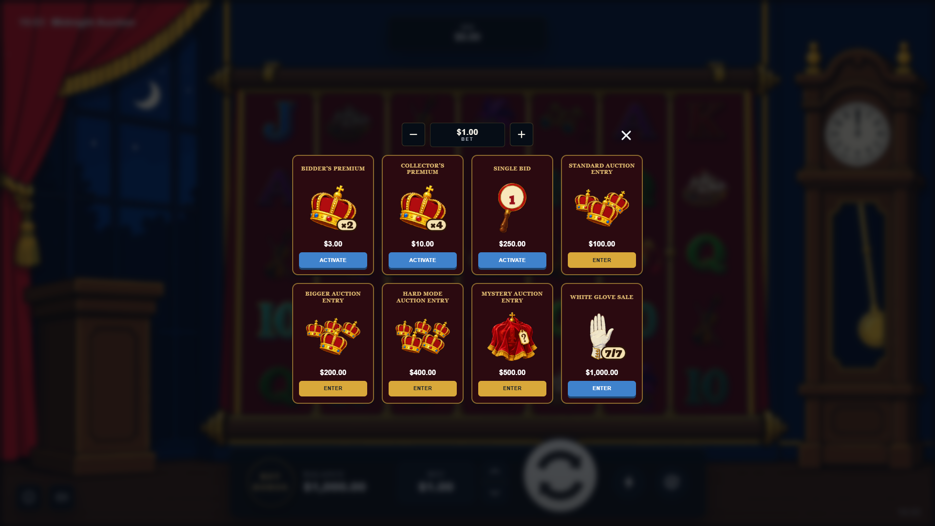 Midnight Auction bonus buy menu