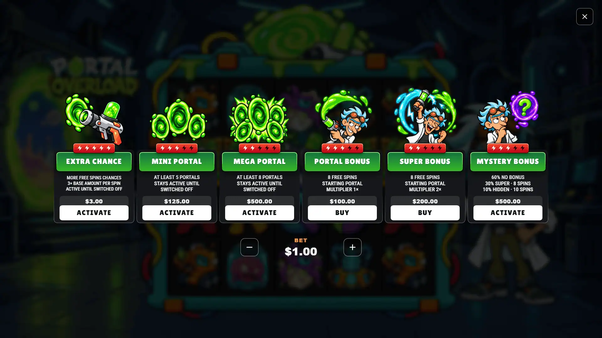 Portal Overload bonus buy menu