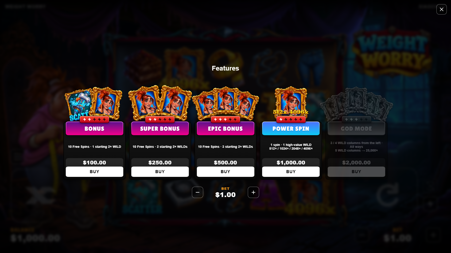 WEIGHT WORRY bonus buy menu