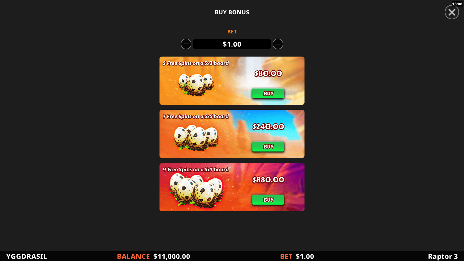 Raptor 3 bonus buy menu
