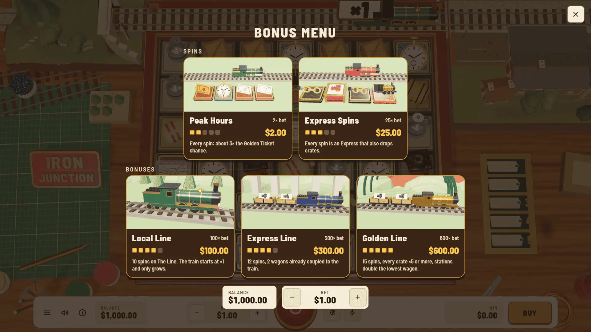 Iron Junction bonus buy menu