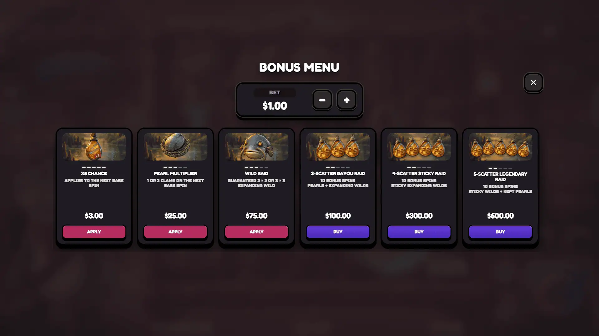 Bayou Bandits bonus buy menu
