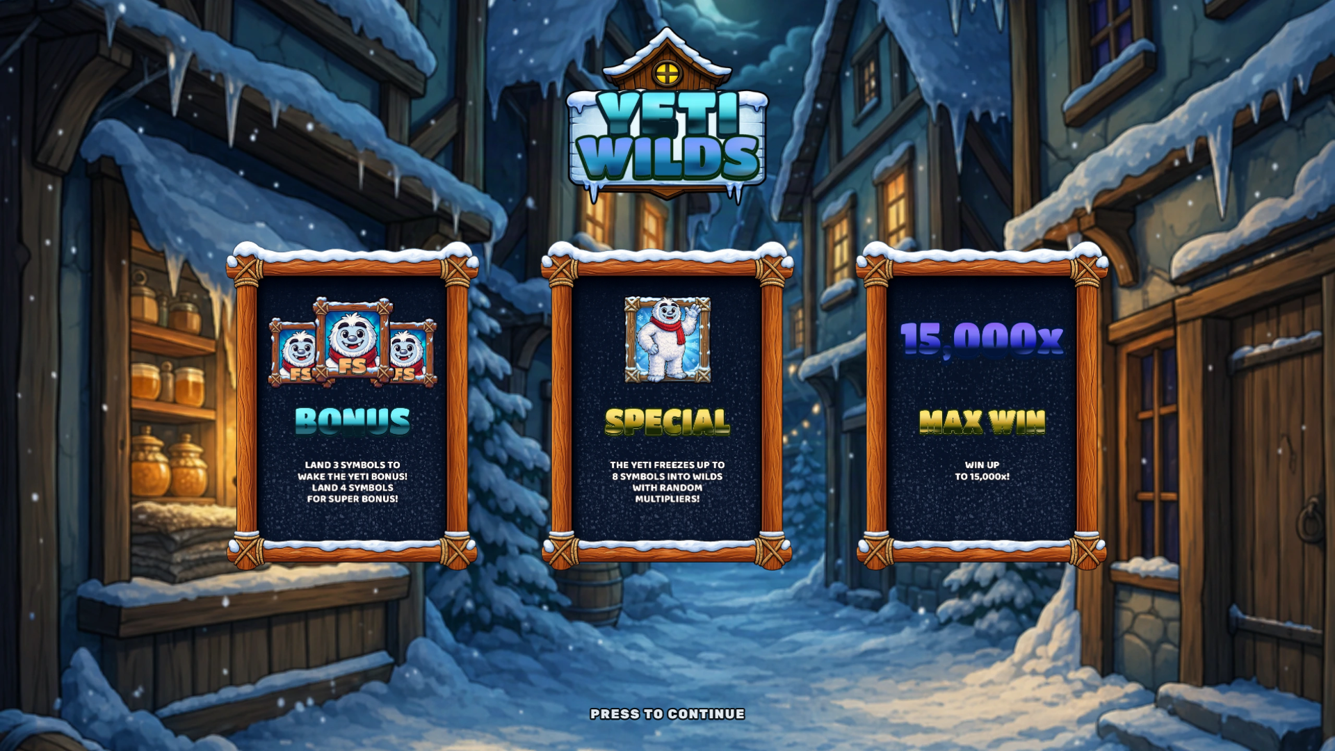 Yeti Wilds slot intro screen